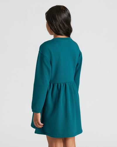 Girls Long Sleeve Fleece Dress - Deep Emerald