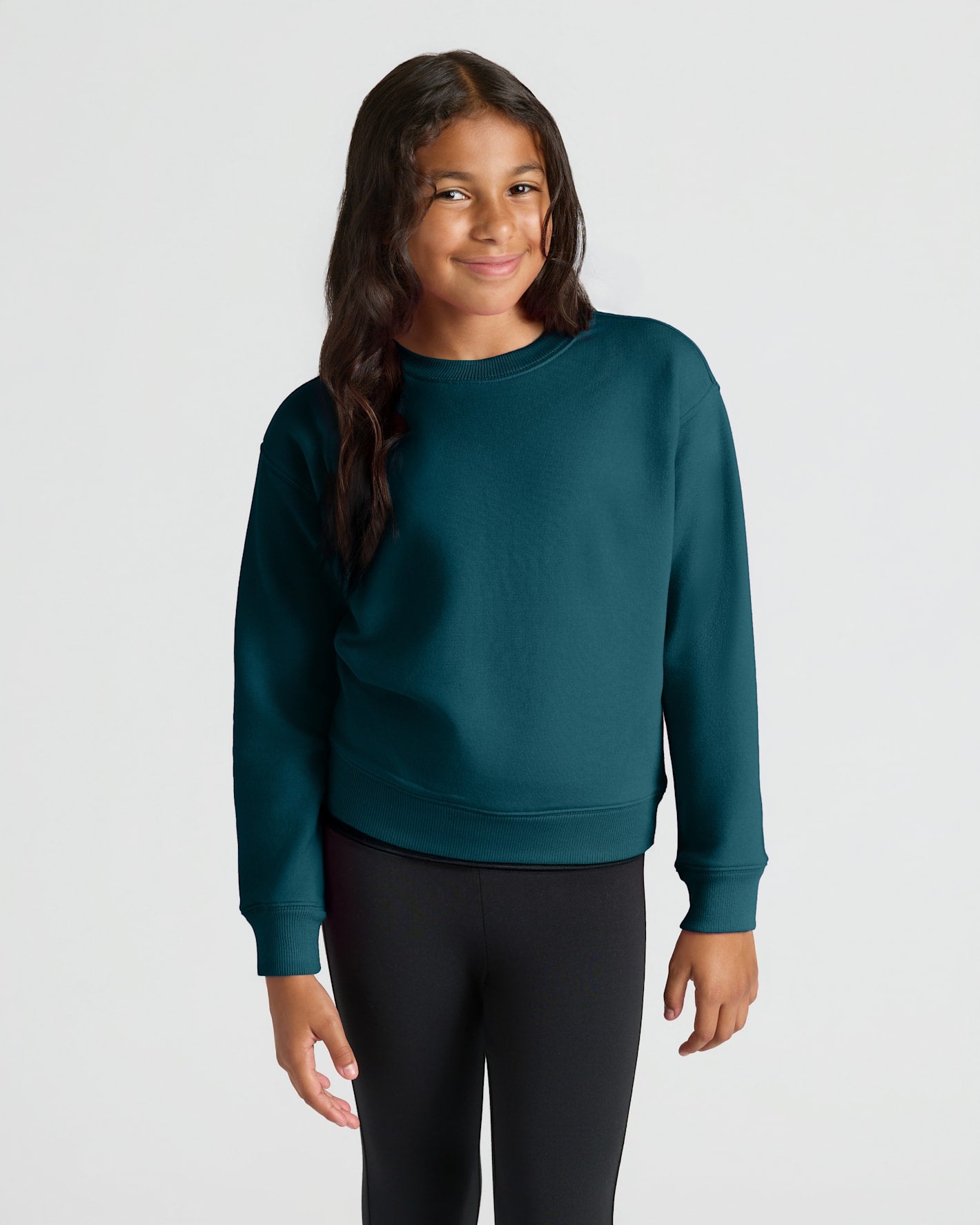 Girl wearing Girls Deep Emerald Slouch Pullover Crew & Relaxed Jogger.