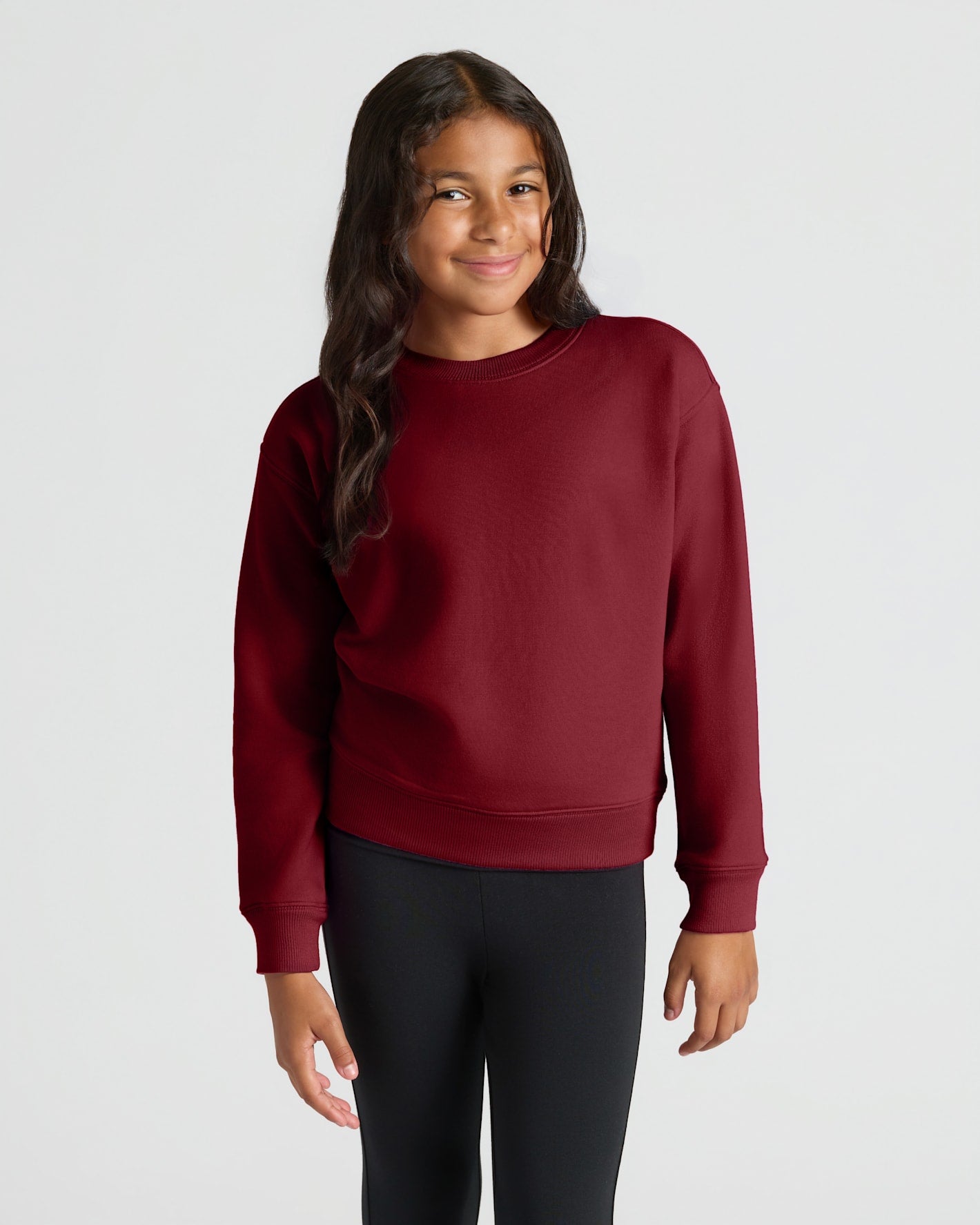 Girl in Girls Dark Maroon Slouch Pullover Crew & Jogger.