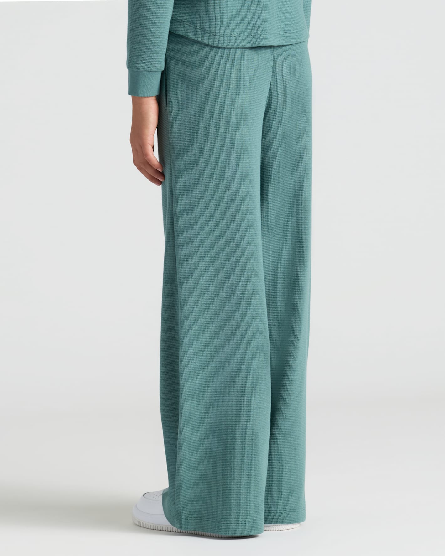 Girls Stormcloud Waffle Wide Leg Pants with elastic waistband.