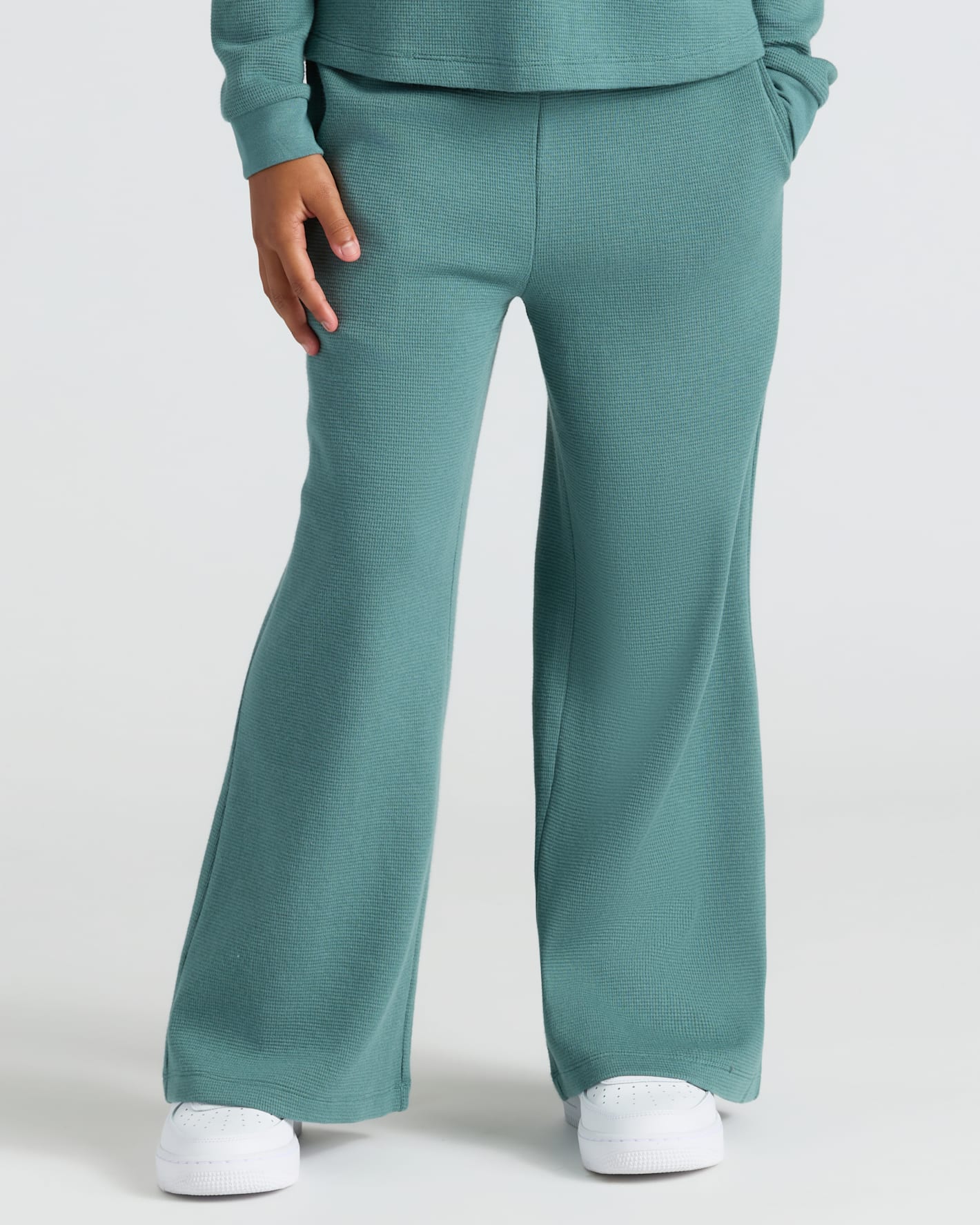 Child wearing Girls Stormcloud Waffle Long Sleeve Henley & Waffle Leg Pants.