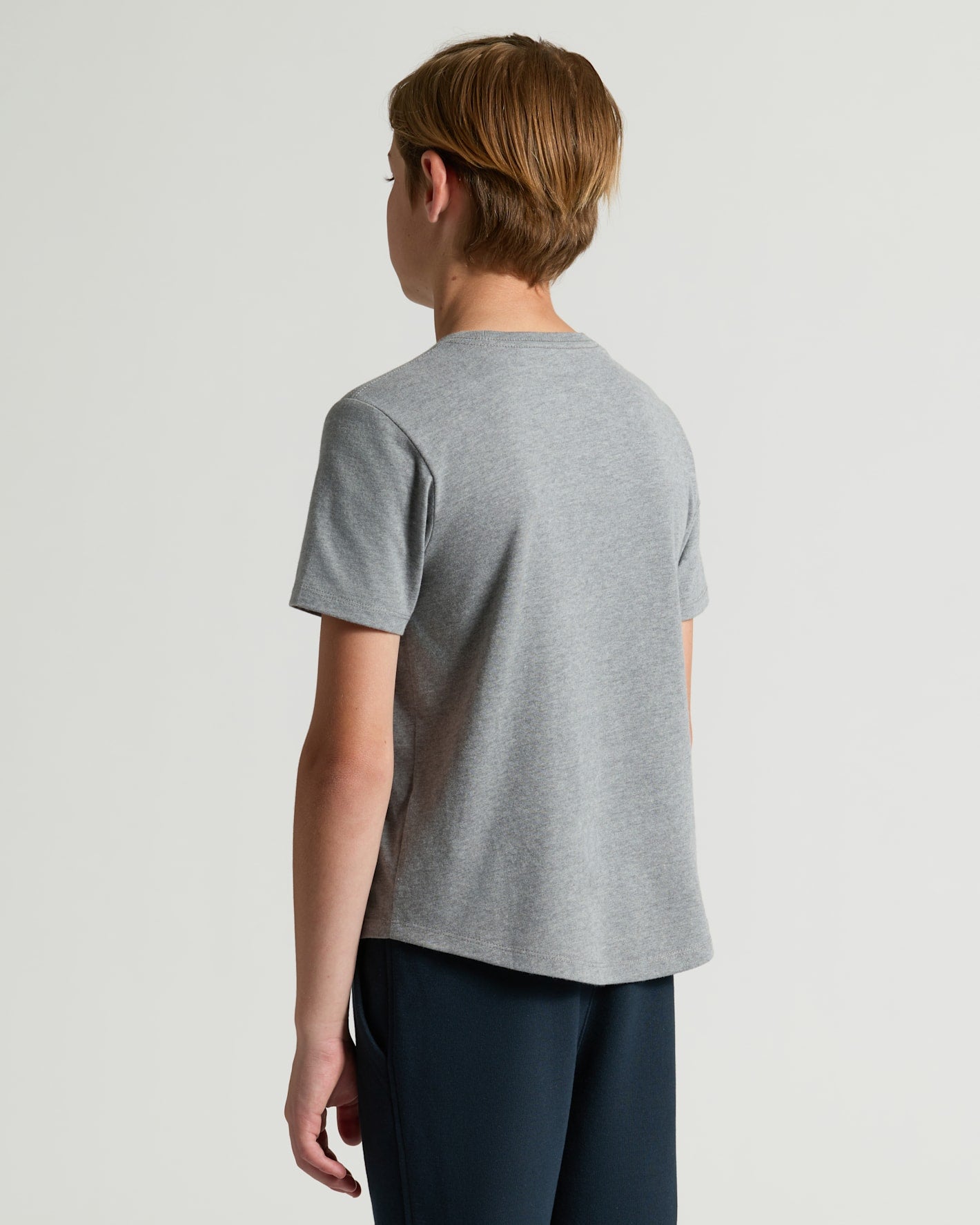 Boys' Heather Gray Classic Curved Hem Crew Neck, rear view.