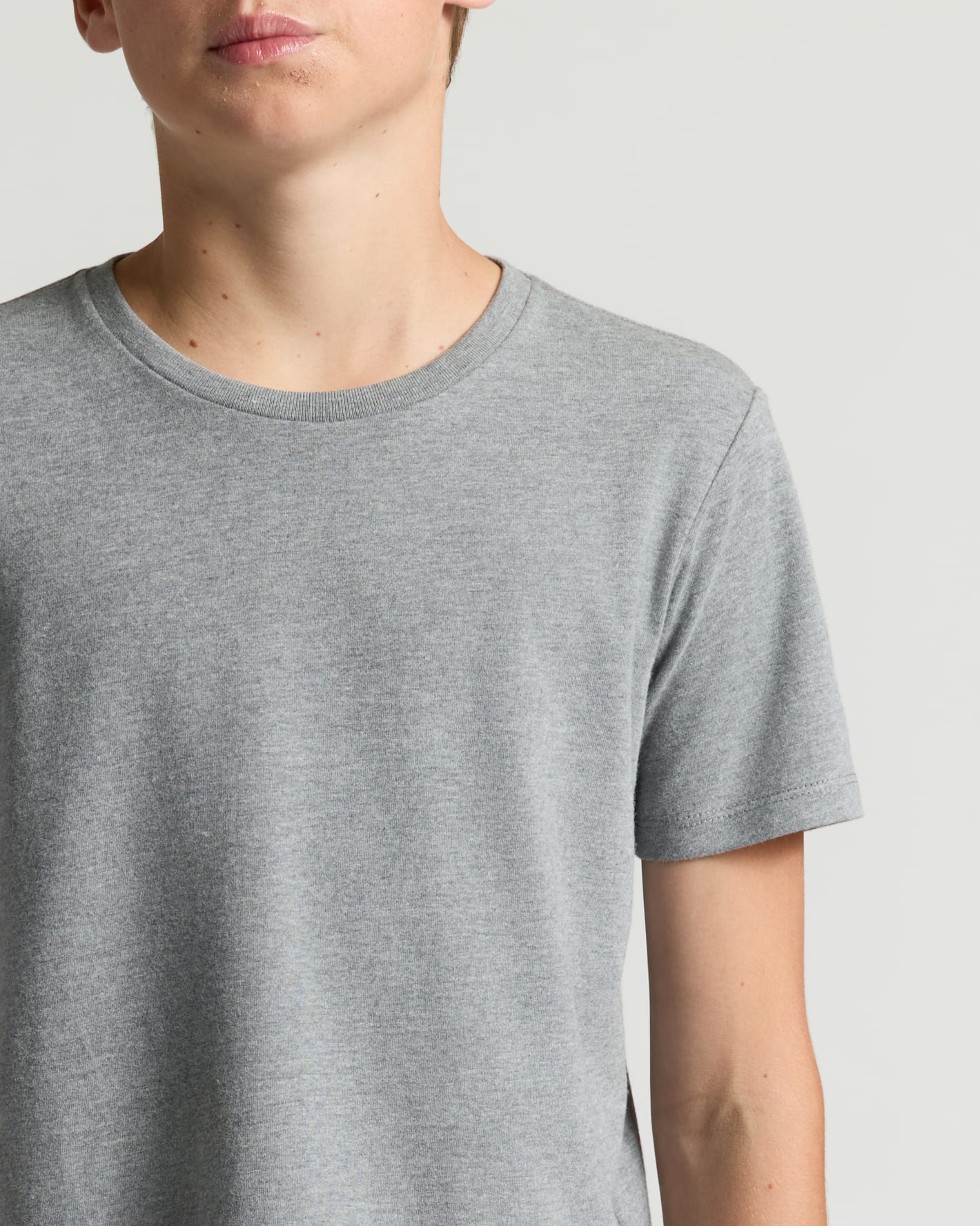 Boys' Classic Curved Hem Crew Neck T-shirt in light-gray worn.