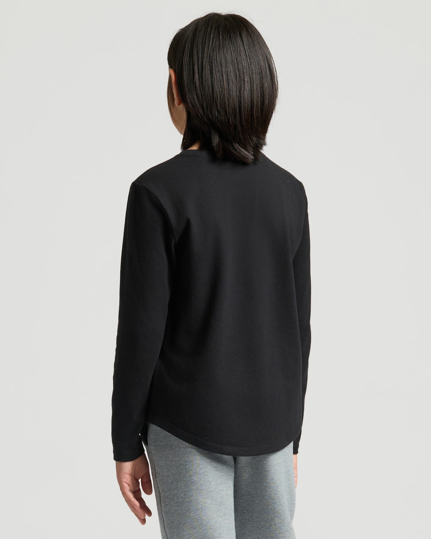 Boys' Black Classic Long Sleeve Curved Hem Crew, back view.