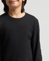 Boys' Black Classic Long Sleeve Curved Hem Crew on model.