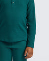 Boys' Waffle Long Sleeve Henley 6-Pack in teal-green, worn casually.