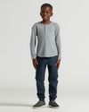 Boys Heather Gray Long Sleeve Waffle Henley on school-age boy.