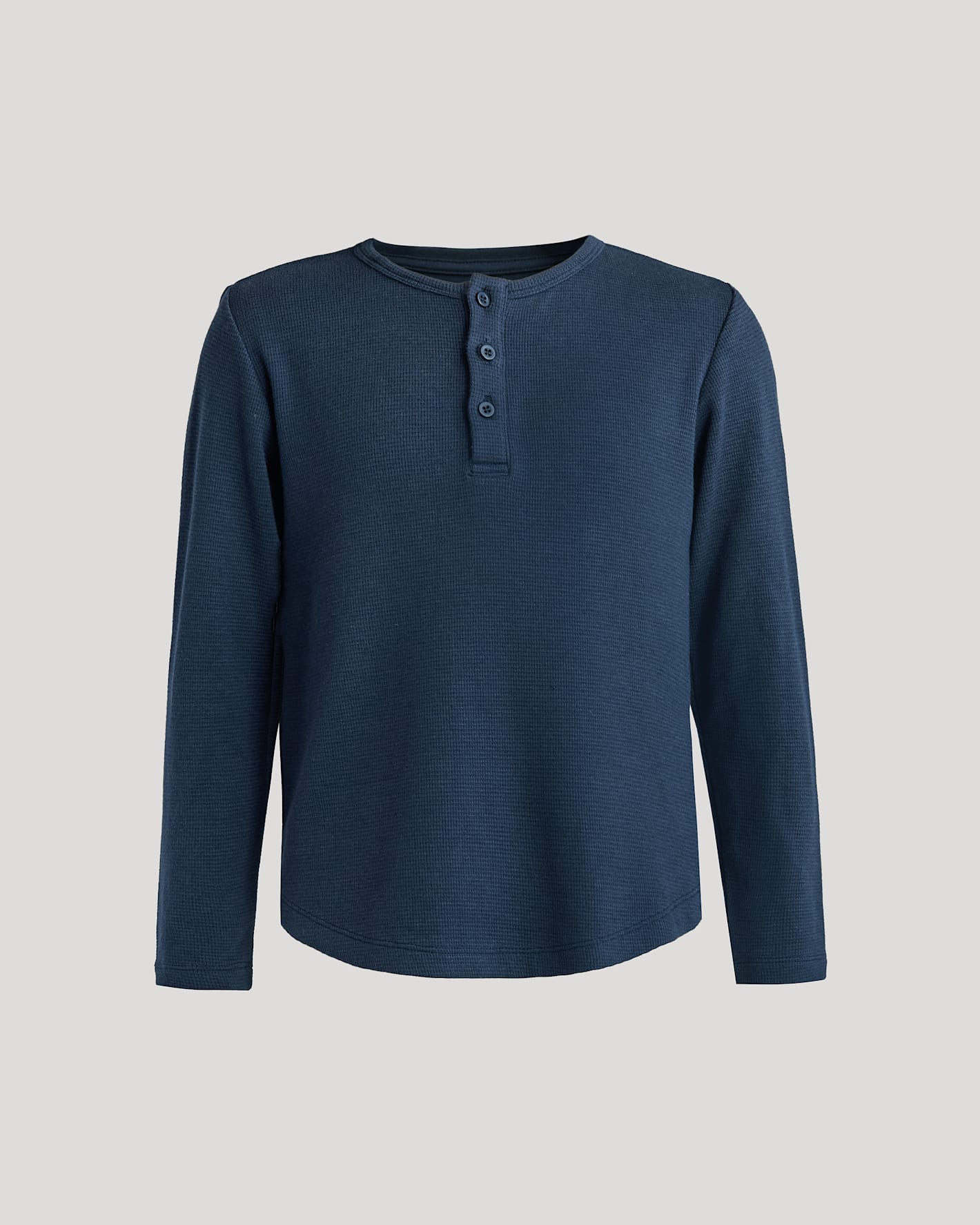 Boys Navy Long Sleeve Waffle Henley with three-button placket.