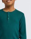 Boys Deep Emerald Long Sleeve Waffle Henley with buttoned placket.