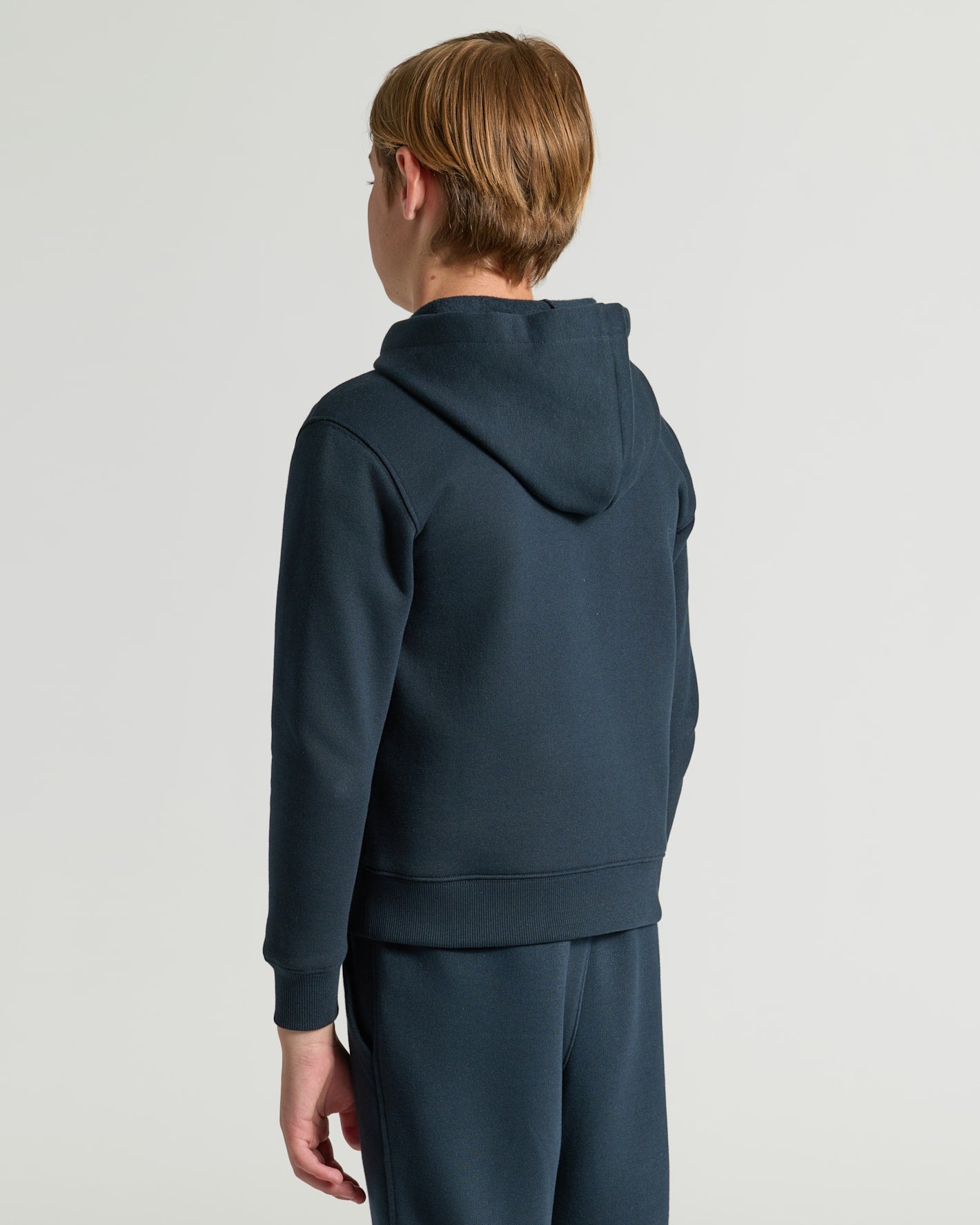 Boys' Navy Fleece Full Zip Hoodie, back view, showing fit and design.