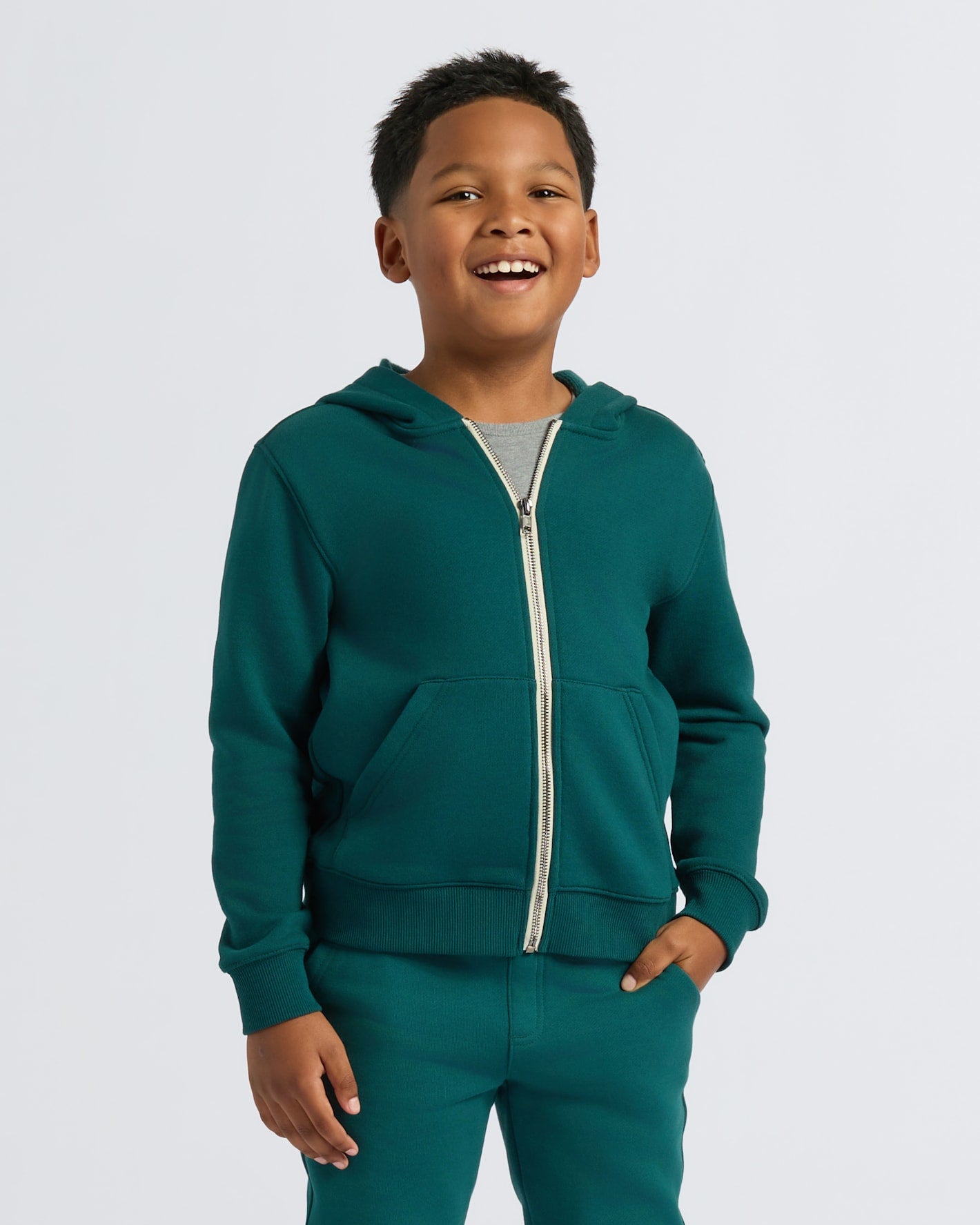 Boy in Boys Deep Emerald Full Zip Fleece Hoodie & Jogger.