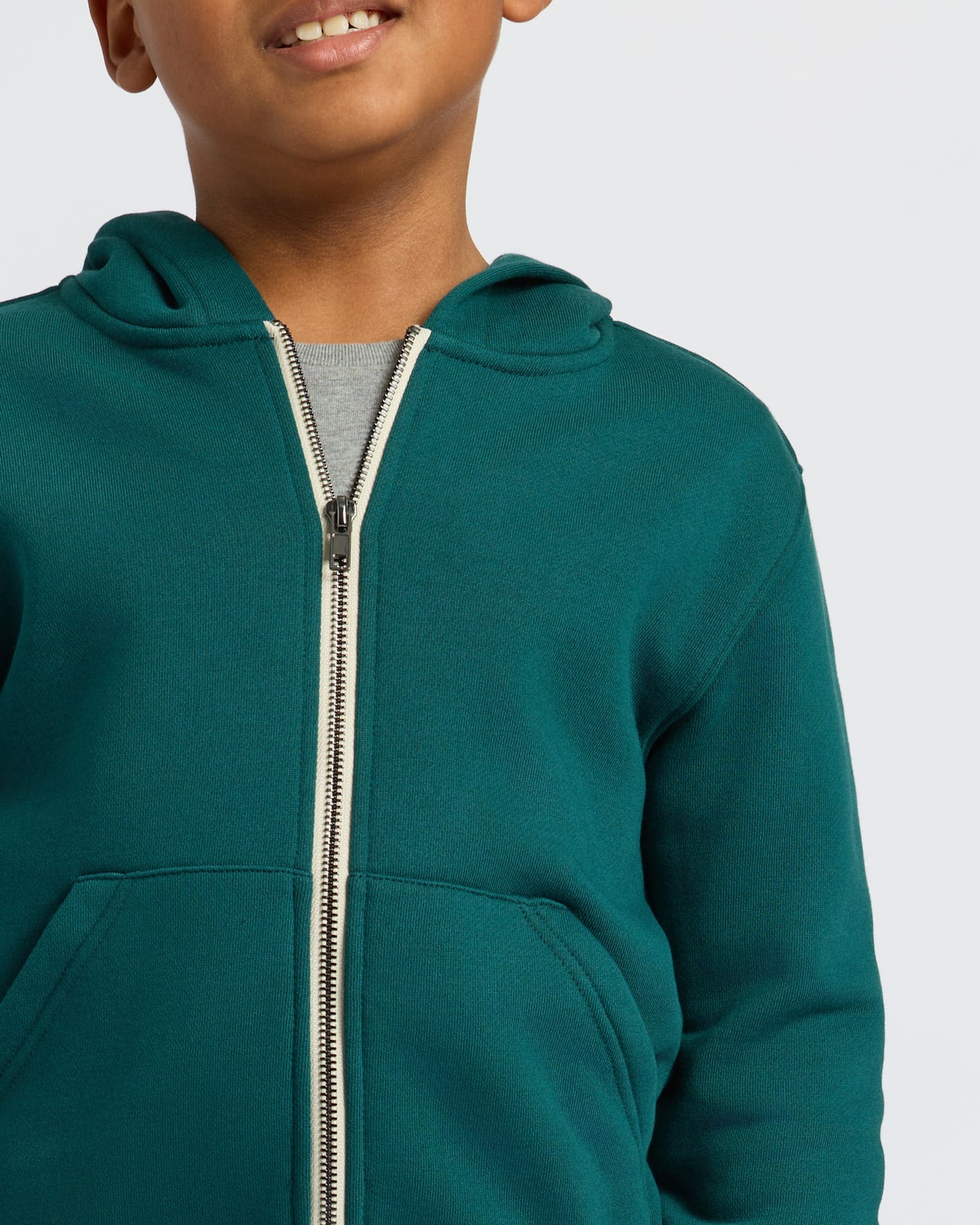 Boys' Deep Emerald Full Zip Fleece Hoodie & Jogger 2-Pack worn.