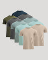 Set of six men's short-sleeve shirts in various colors on a light gray background