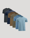 Six short-sleeve crew-neck t-shirts in different colors, arranged in a diagonal stack from dark to light. The colors include charcoal gray, navy blue, brown, olive green, medium blue, and light heather blue.