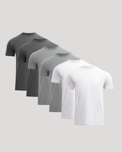 True ClassicFive-pack of men's t-shirts in black, gray, and white on a light gray background