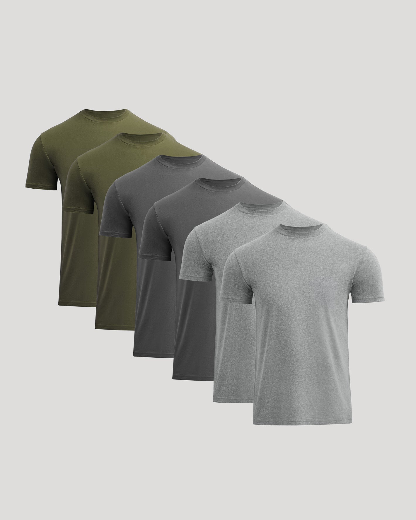Five men's t-shirts in green and gray on a light gray background