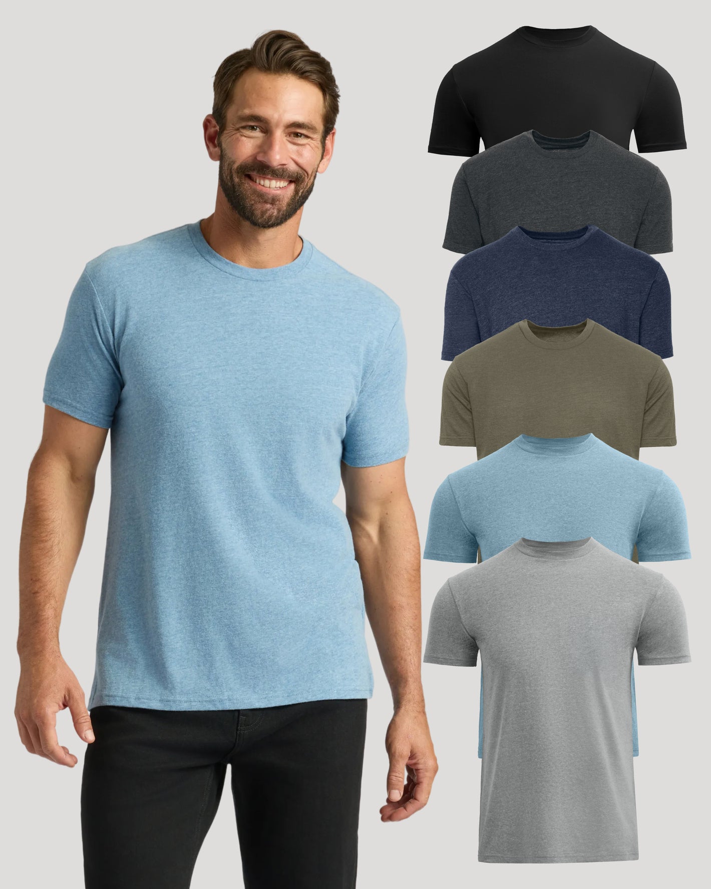 A smiling man wearing a light blue heather crew-neck t-shirt, with six other color options stacked vertically on the right side against a light gray background.