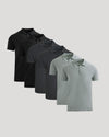 Set of black and gray polo shirts on a light gray background
