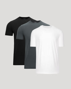 True ClassicThree t-shirts in black, gray, and white on a light gray background