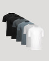 Set of four men's t-shirts in black, gray, blue, and white on a light gray background