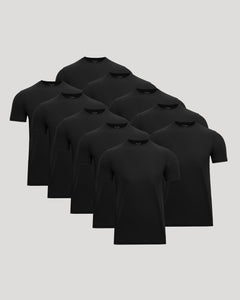 True ClassicA pack of ten black short-sleeve crewneck t-shirts arranged in a staggered fan layout on a solid light gray background.