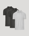 Three polo shirts in black and gray on a light gray background