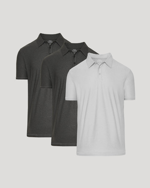Three polo shirts in black and gray on a light gray background