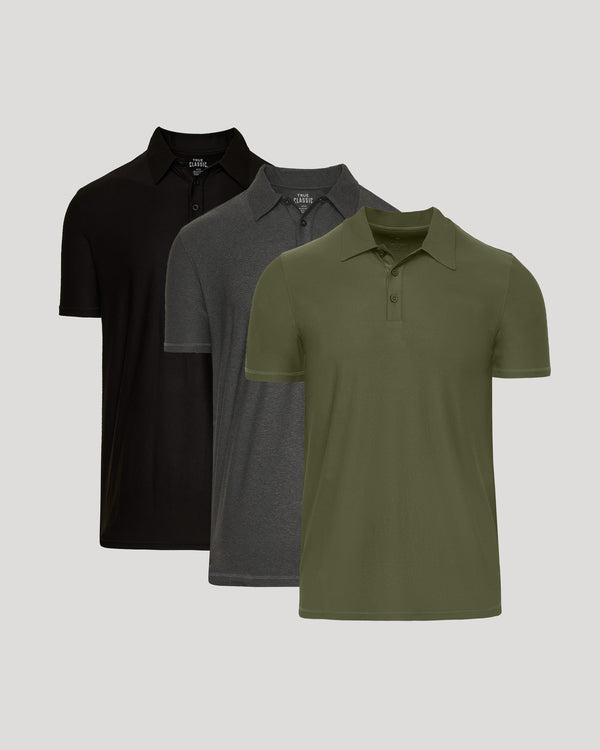 Three polo shirts in black, gray, and green on a light gray background