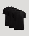 Three black t-shirts stacked on a light gray background