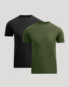 Two short-sleeve crew-neck t-shirts shown on a light gray background, with one in black positioned behind and one in olive green positioned in front.