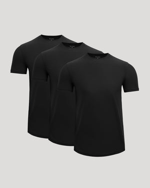 Three black Active Curved Hem Crew Tee - Men's Moisture Wicking Performance T-Shirts displayed on a neutral background, showcasing their men's basics style and moisture-wicking fabric.