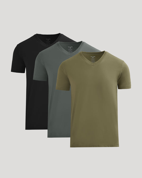 Classic V-Neck 3-Pack T-shirts in black, slate, and olive.