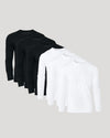 Three black long-sleeve shirts and one white long-sleeve shirt on a light gray background