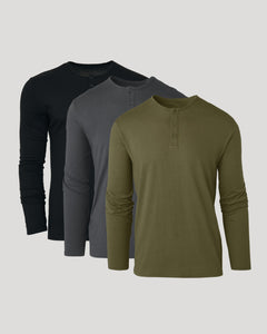 True ClassicThree long-sleeve henley shirts in black, gray, and green on a light gray background