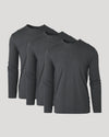 Three dark gray long-sleeve henley shirts on a light gray background