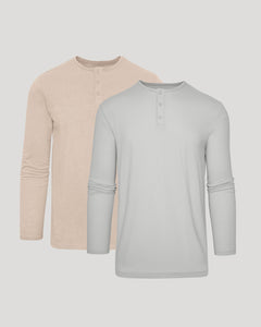 True ClassicTwo long-sleeve shirts, one beige and one gray, on a light gray background.