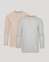 Two long-sleeve shirts, one beige and one gray, on a light gray background.