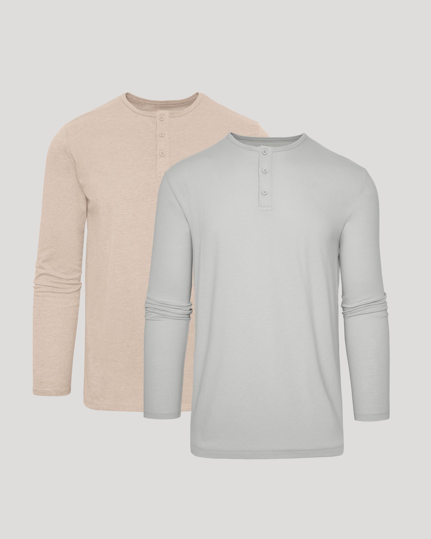 Two long-sleeve shirts, one beige and one gray, on a light gray background.