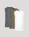 Three sleeveless shirts in gray, green, and white on a light gray background