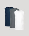 Three sleeveless shirts in navy, gray, and white on a light gray background