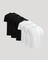 Three black t-shirts and three white t-shirts on a light gray background