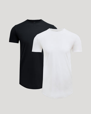 Two men's crew neck t-shirts in black and white with a curved hem, shown as the Tall Pima Cotton Blend Curved Hem Crew 2-Pack, designed as essential men's basics.