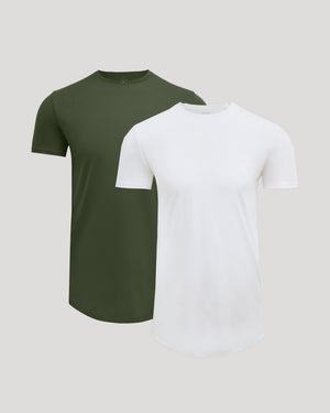 Two men's crew neck t-shirts in olive green and white, styled with a curved hem, shown as a Tall Pima Cotton Blend Curved Hem Crew 2-Pack, perfect for everyday basics.