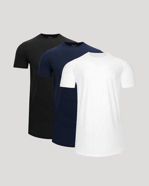 Three t-shirts in black, navy, and white on a light gray background
