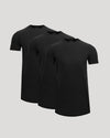 Three black t-shirts stacked on a light gray background