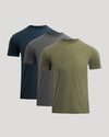 Three t-shirts in navy, gray, and green on a light gray background