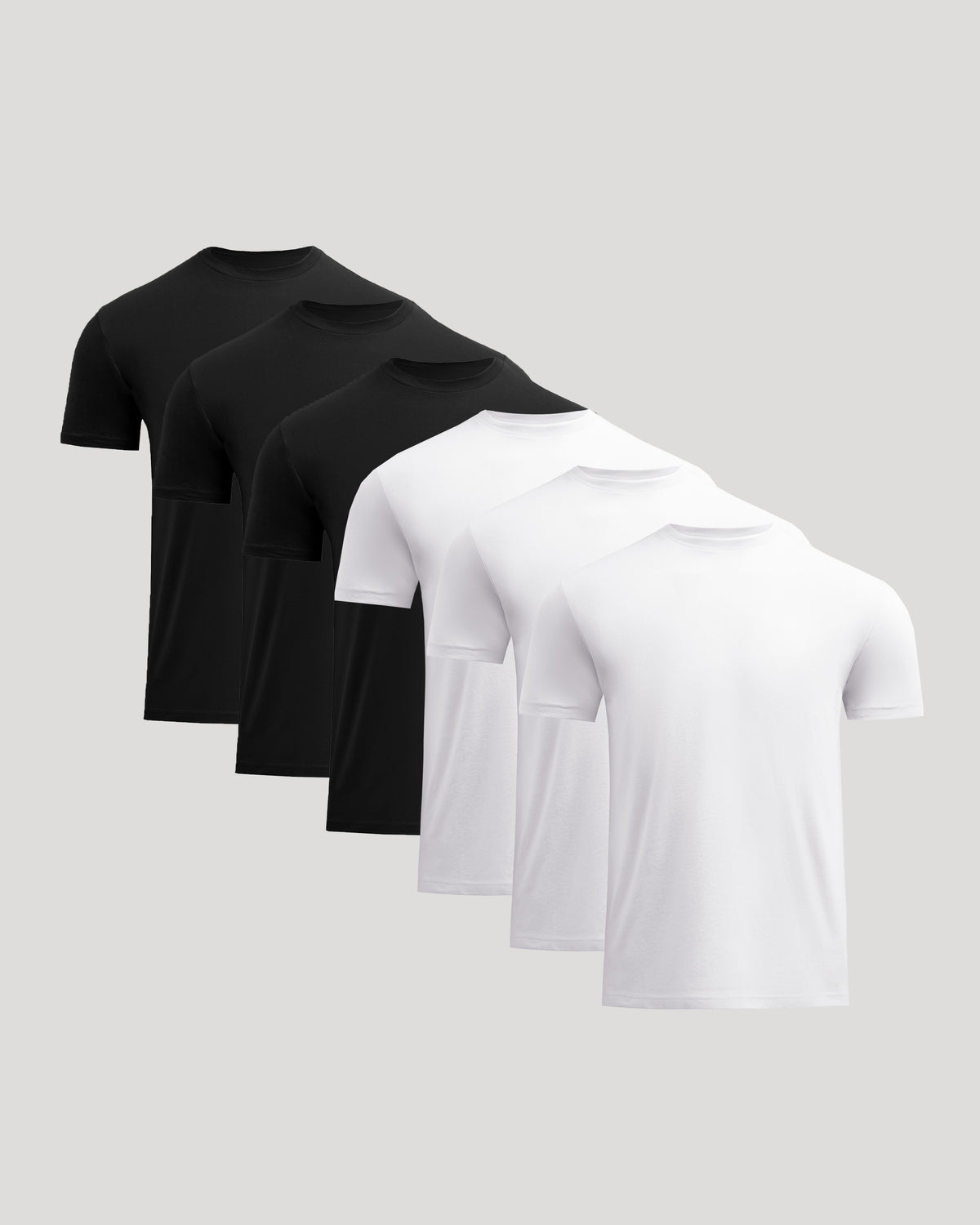 Six-pack set of Short Classic Crew Neck Tee - Men's Premium Cotton Blend T-Shirt - Athletic Fit in black and white, showcasing simple men's basics with a clean athletic silhouette.