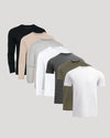 Set of six men's t-shirts in black, beige, gray, white, green, and brown on a light gray background.