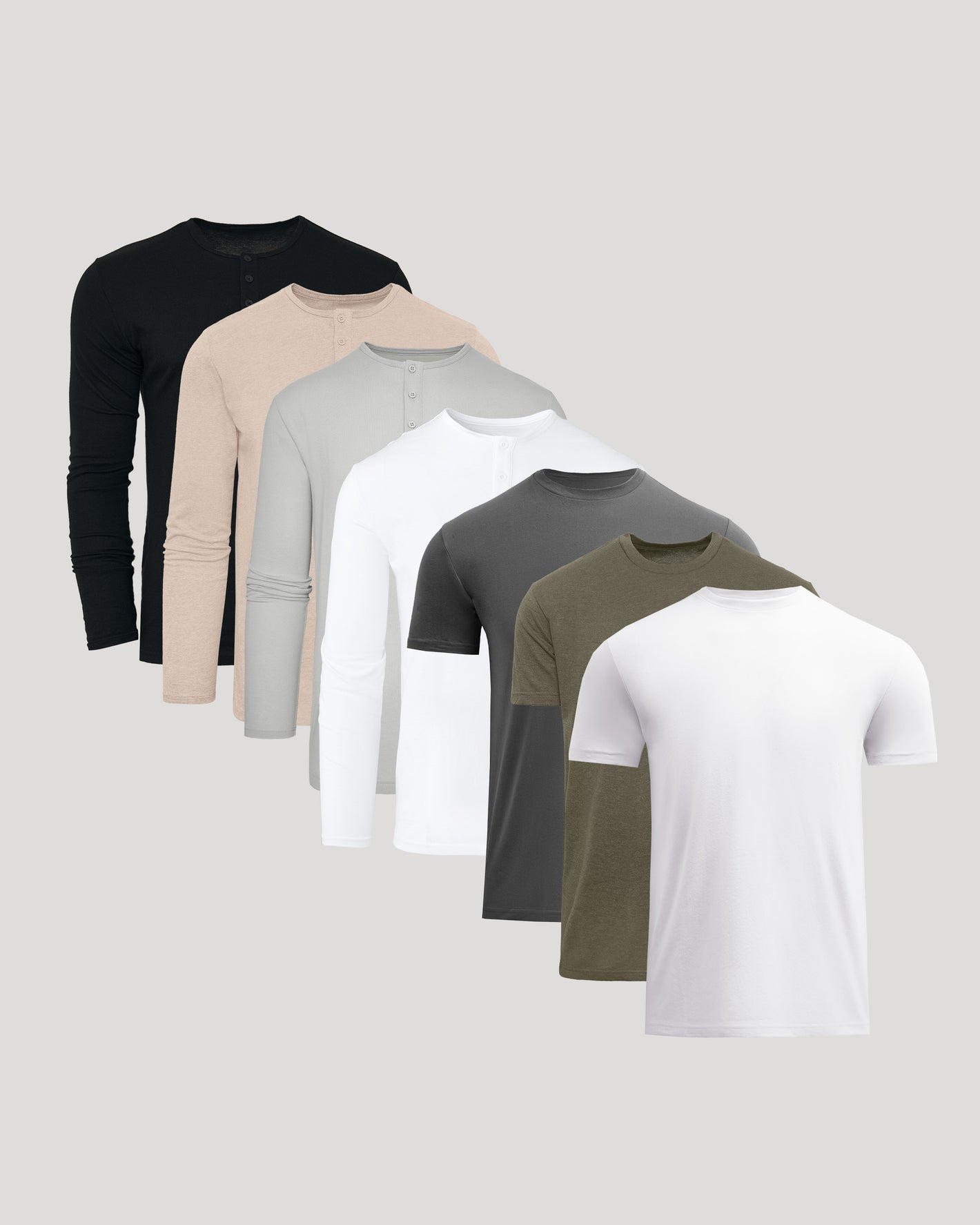 Set of six men's t-shirts in black, beige, gray, white, green, and brown on a light gray background.