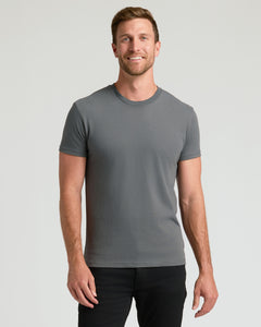 True ClassicMan wearing Seasonal Classic Crew 10-Pack gray T-shirt, smiling.